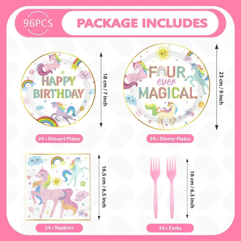 Grencian 96 قطعة من لوازم حفلات أعياد الميلاد الرابعة من Grencian، أطباق ومناديل يونيكورن بألوان قوس قزح السحرية، مجموعة أدوات مائدة لتزيين حفلات وحيد القرن للفتيات من عمر أربع سنوات، تكفي 24 - Image 5